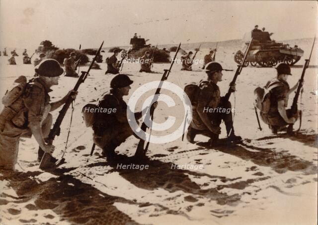 Australian troops wait to attack Bardia, May 1941. Artist: Unknown