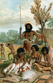 Australian aborigines butchering a kangaroo, 1885-1888