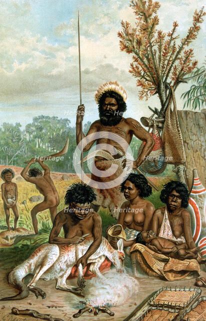Australian aborigines butchering a kangaroo, 1885-1888. Artist: Unknown