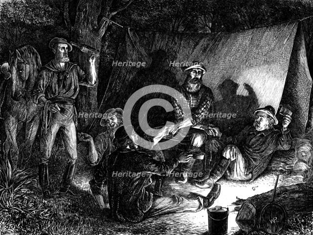 Australian diggers keeping Christmas Eve - "Auld Lang Syne"; drawn by W. Ralston, 1873. Creator: Joseph Swain.