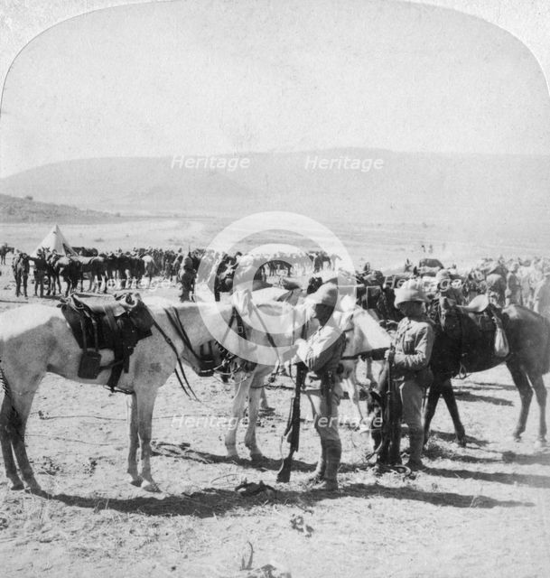 Australian Mounted Rifles after a skirmish at the Modder River, South Africa, 12th January 1900.Artist: Underwood & Underwood