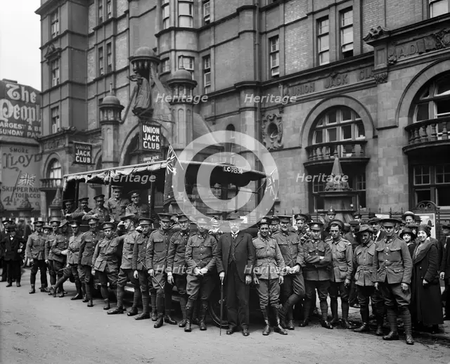 Australian soldiers outside the Union Jack Club, 91A Waterloo Road, Lambeth, London, June 1915. Artist: H Bedford Lemere.