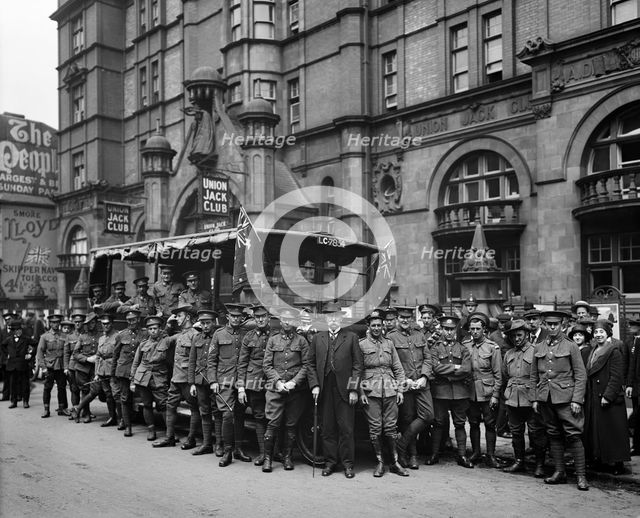 Australian soldiers outside the Union Jack Club, 91A Waterloo Road, Lambeth, London, June 1915. Artist: H Bedford Lemere.