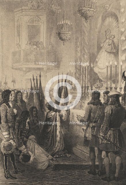 Austrian Flags offered to the Virgin of Atocha by Queen Mary, engraving, 1870.