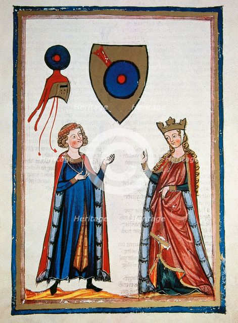 Austrian poet Der von Kürenberg, talking to a lady, c1300.  Creator: Unknown.