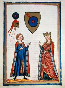Austrian poet Der von Kürenberg, talking to a lady, c1300. Creator: Unknown