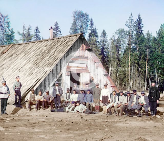 Austrian prisoners of war near a barrack, [near Kiappeselga], 1915. Creator: Sergey Mikhaylovich Prokudin-Gorsky.
