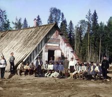 Austro-Hungarian prisoners of war near a barracks, Karelia, Russia, WWI, 1915. Artist: Sergey Mikhaylovich Prokudin-Gorsky
