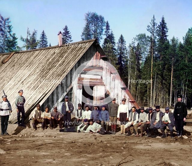 Austro-Hungarian prisoners of war near a barracks, Karelia, Russia, WWI, 1915.  Artist: Sergey Mikhaylovich Prokudin-Gorsky