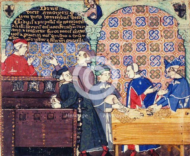 Avarice. A miniature with scenes of banking. Artist: Master of the Cocharelli Codex (active ca 1330)