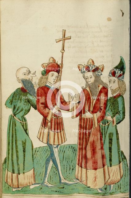 Avenir and Josaphat with Two Scholars; Barlaam und Josaphat, 1469. Creators: Hans Schilling, Diebolt Lauber.