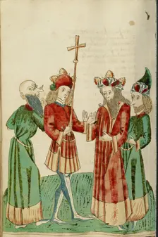 Avenir and Josaphat with Two Scholars; Barlaam und Josaphat, 1469. Creators: Hans Schilling, Diebolt Lauber