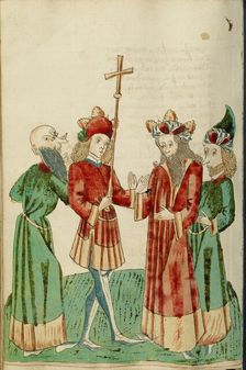 Avenir and Josaphat with Two Scholars; Barlaam und Josaphat, 1469. Creators: Hans Schilling, Diebolt Lauber
