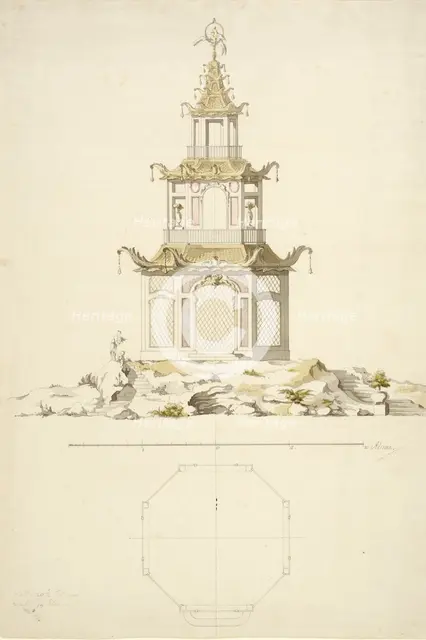 Aviary at Kina Castle, Drottningholm - Facade and plan, c1758. Creator: Carl Fredrik Adelcrantz.