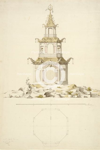 Aviary at Kina Castle, Drottningholm - Facade and plan, c1758. Creator: Carl Fredrik Adelcrantz.