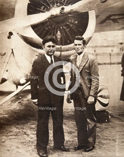Aviators Wiley Post and Harold Gatty in front of 'Winnie Mae', New York, USA, 1931. Creator: S and G.