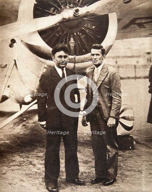 Aviators Wiley Post and Harold Gatty in front of 'Winnie Mae', New York, USA, 1931. Creator: S and G.