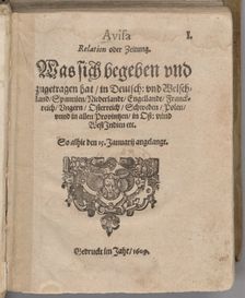 Aviso. Relation oder Zeitung. Title page of the first edition , 1609