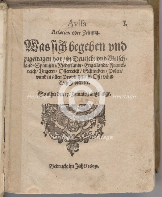 Aviso. Relation oder Zeitung. Title page of the first edition , 1609.