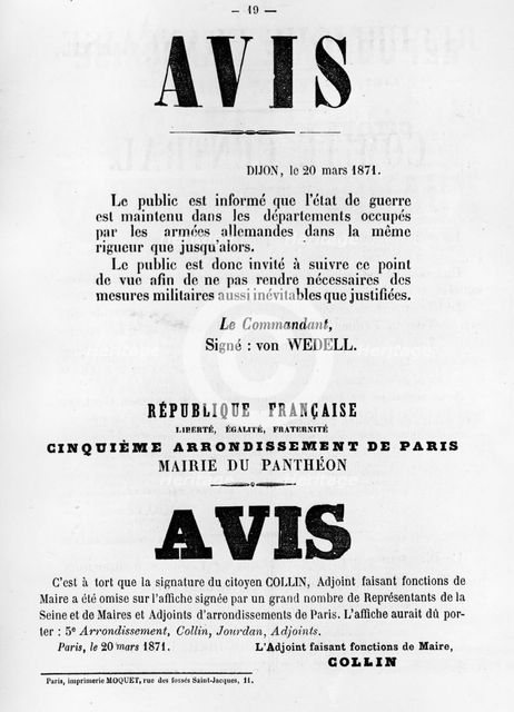 Avise, from French Political posters of the Paris Commune,  May 1871. Artist: Unknown