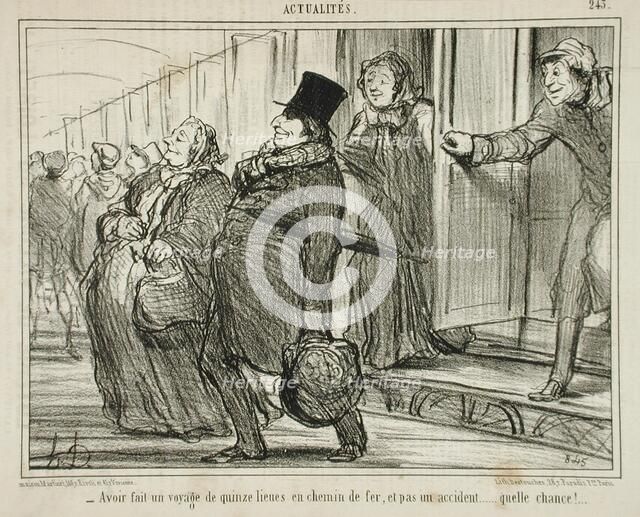 Avoir fait un voyage de quinze lieues en chemin de fer.., 1855. Creator: Honore Daumier.