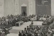 Awarding of prizes during the Floral Games, auditorium of the Central University, Madrid...1878. Creator: Juan Comba García