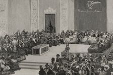 Awarding of prizes during the Floral Games, auditorium of the Central University, Madrid...1878. Creator: Juan Comba García