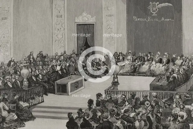 Awarding of prizes during the Floral Games, auditorium of the Central University, Madrid...1878. Creator: Juan Comba García.