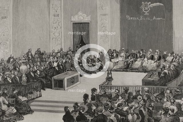 Awarding of prizes during the Floral Games, auditorium of the Central University, Madrid...1878. Creator: Juan Comba García.