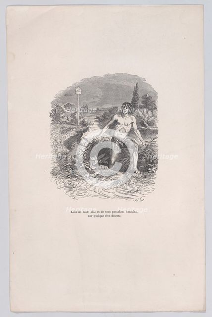 Away from all help and without pants, on some deserted shore from the Little Miseries of H..., 1843. Creator: Jean Ignace Isidore Gerard.