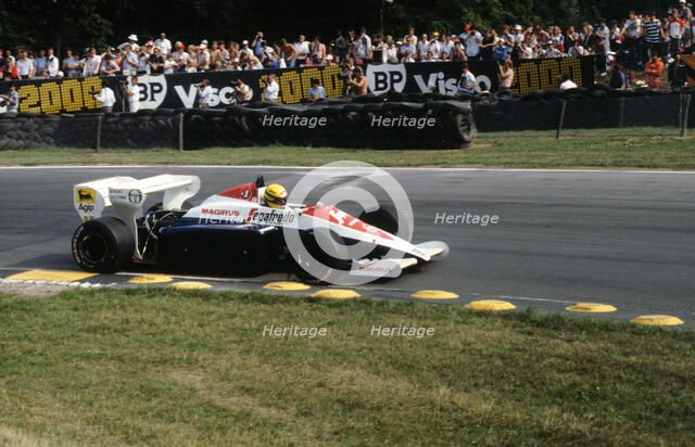 Ayrton Senna in the Toleman TG184 during 1984 British Grand Prix Brands Hatch Artist: Unknown.