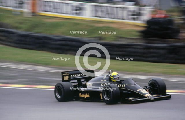Ayrton Senna in the Lotus 98T at 1985 British Grand Prix Brands Hatch Artist: Unknown.