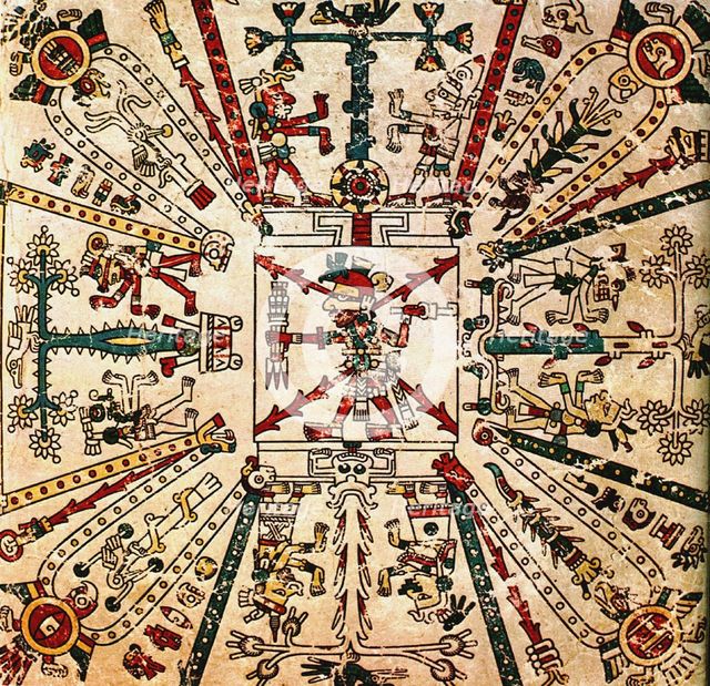 Aztec god Xiuhtecuhtli. The Codex Fejérváry-Mayer, 15th century. Artist: Pre-Columbian art  