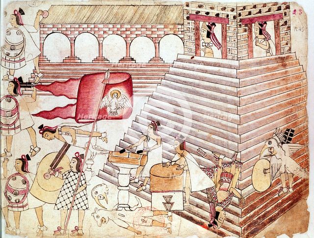 Aztec warriors defending the temple of Tenochtitlan, Mexico. Artist: Unknown