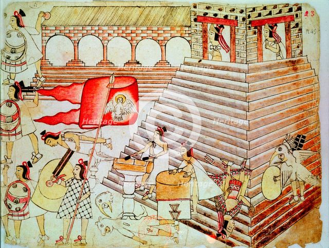 Aztec warriors defending the temple of Tenochtitlan against Conquistadors, 1519-1521. Artist: Unknown