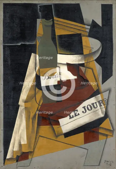 Bottle and Fruit Bowl, (Bottle, Newspaper and Fruit Bowl), 1916. Creator: Juan Gris.