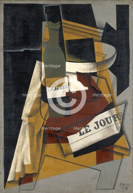 Bottle and Fruit Bowl, (Bottle, Newspaper and Fruit Bowl), 1916. Creator: Juan Gris.