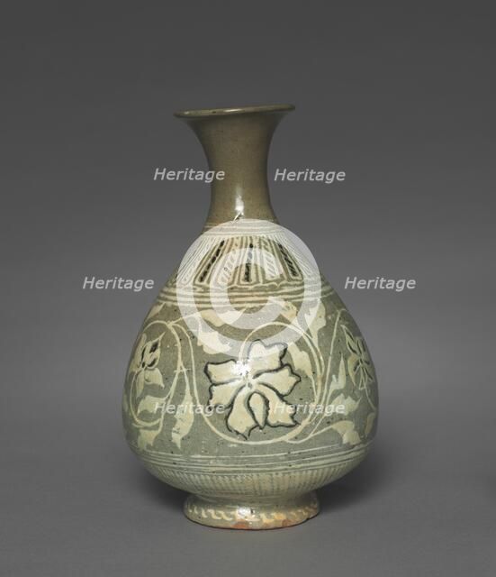 Bottle Inlaid with Peony and Scroll Design, 1400s. Creator: Unknown.