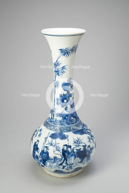 Bottle-Shaped Vase with Figures in Garden, Ming dynasty (1368-1644), Chongzhen period (1627-1644). Creator: Unknown.