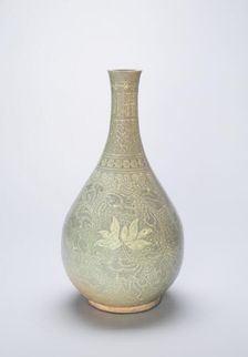 Bottle-Shaped Vase with Lotus Flowers and Stylized Scrolls, Korea, Goryeo dynasty, 14th century. Creator: Unknown
