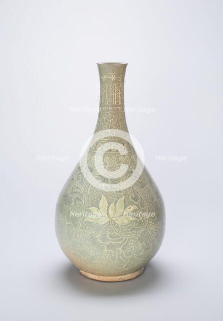 Bottle-Shaped Vase with Lotus Flowers and Stylized Scrolls, Korea, Goryeo dynasty, 14th century. Creator: Unknown.