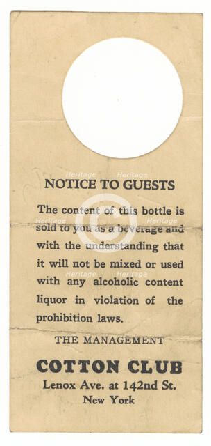 Bottle tag from the Cotton Club, 1923-1933. Creator: Unknown.