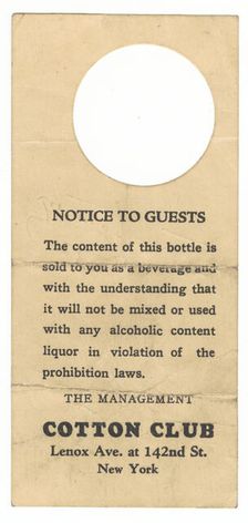 Bottle tag from the Cotton Club, 1923-1933. Creator: Unknown