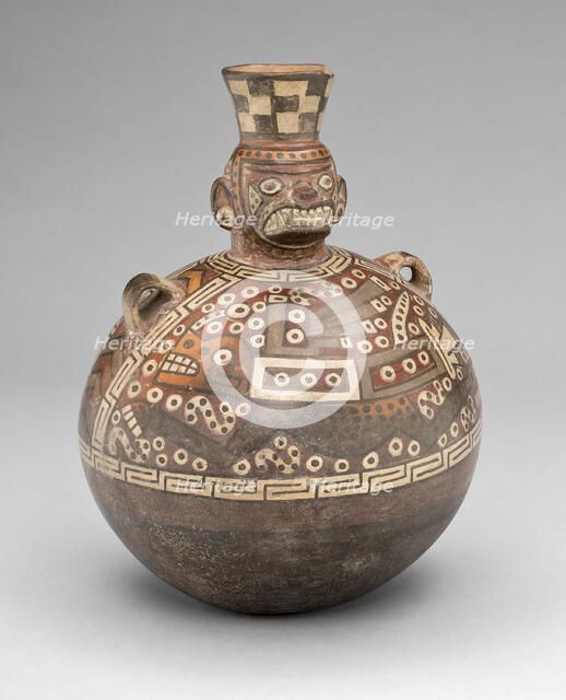 Bottle with a Masked Figure and Abstract Feline and Textile Motifs, A.D. 700/900. Creator: Unknown.