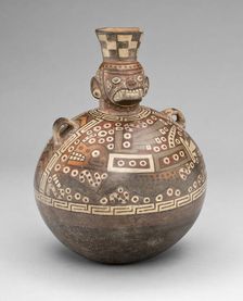 Bottle with a Masked Figure and Abstract Feline and Textile Motifs, A.D. 700/900. Creator: Unknown