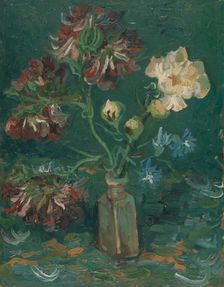 Bottle with Peonies and Blue Delphiniums