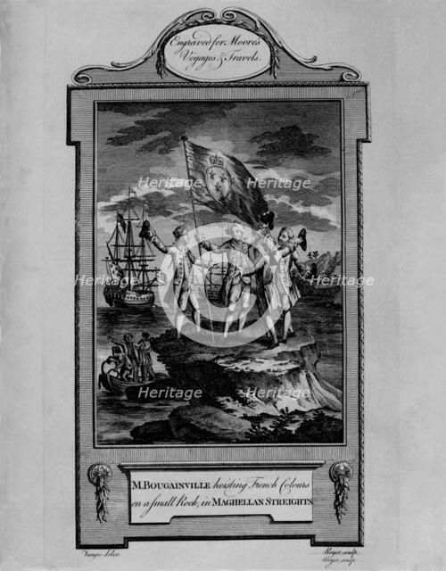 Bougainville raising the flag of France on a rock in the Strait of Magellan, engraving in the wor…