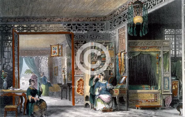 Boudoir and bedchamber of a lady of rank, China, 1843. Creator: Thomas Allom.