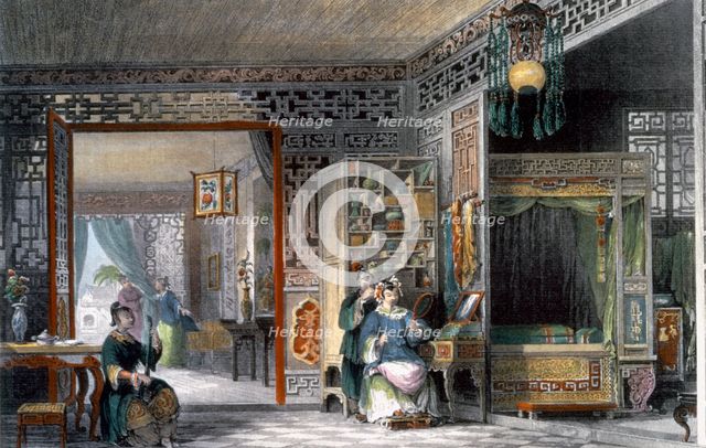Boudoir and bedchamber of a lady of rank, China, 1843. Creator: Thomas Allom.