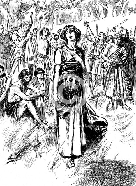 Boudicca (Boadicea) lst century British queen of the Iceni, rallying her troops, c1900. Artist: Unknown